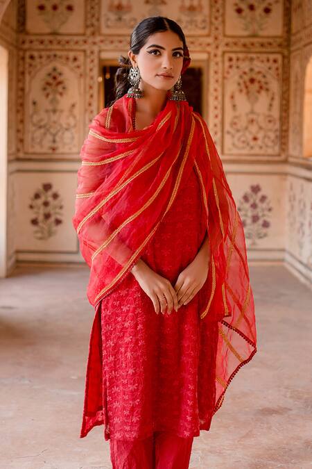 Buy_Gulabo Jaipur_Red Georgette Embroidery Square Neck Imrat Florid Kadhai Kurta Pant Set_Online_at_Aza_Fashions