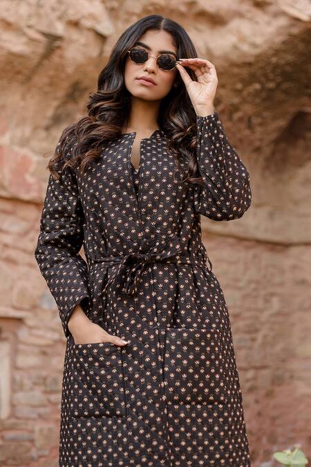 Buy_Gulabo Jaipur_Black Cotton Embroidery Kamya Handblock Fleur Print Quilted Coat With Dress _Online_at_Aza_Fashions
