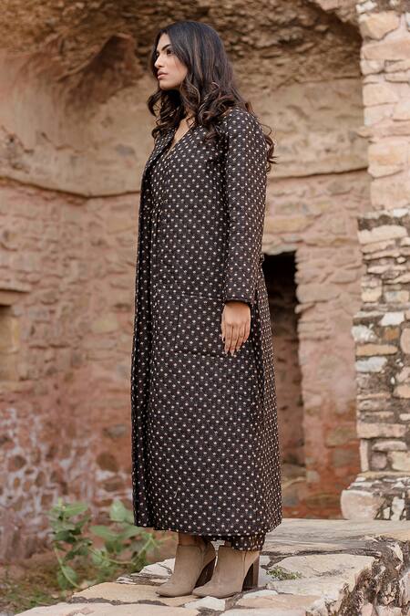 Gulabo Jaipur_Black Cotton Embroidery Kamya Handblock Fleur Print Quilted Coat With Dress _at_Aza_Fashions