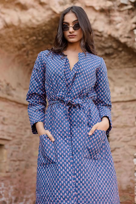 Gulabo Jaipur_Blue Cotton Embroidery Kamya Handblock Flora Print Quilted Coat With Dress _Online_at_Aza_Fashions