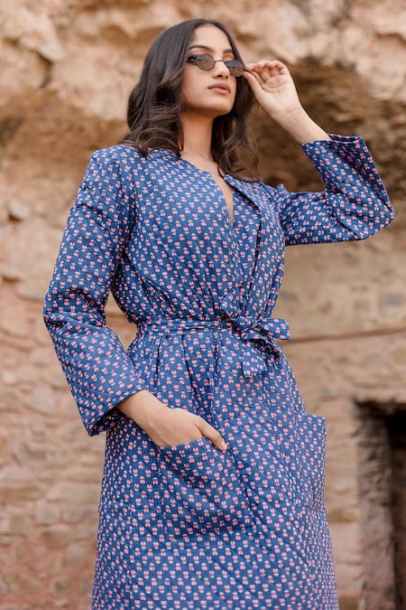 Buy_Gulabo Jaipur_Blue Cotton Embroidery Kamya Handblock Flora Print Quilted Coat With Dress _Online_at_Aza_Fashions