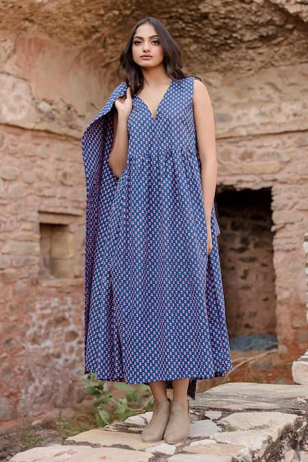 Shop_Gulabo Jaipur_Blue Cotton Embroidery Kamya Handblock Flora Print Quilted Coat With Dress _Online_at_Aza_Fashions