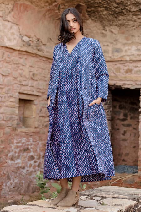 Gulabo Jaipur_Blue Cotton Embroidery Kamya Handblock Flora Print Quilted Coat With Dress _at_Aza_Fashions