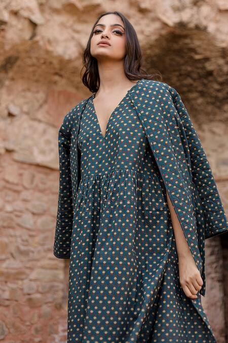 Buy Gulabo Jaipur Green Flora Print Quilted Cotton Coat And Maxi Dress Online at Aza Fashions Buy_Gulabo Jaipur_Green Flora Print Quilted Cotton Coat And Maxi Dress _Online_at_Aza_Fashions