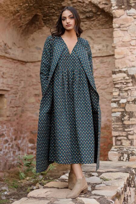 Shop Gulabo Jaipur Green Flora Print Quilted Cotton Coat And Maxi Dress Online at Aza Fashions Shop_Gulabo Jaipur_Green Flora Print Quilted Cotton Coat And Maxi Dress _Online_at_Aza_Fashions