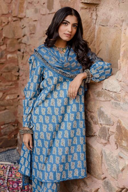 Gulabo Jaipur_Blue Cotton Embroidery Round Neck Kayal Tulip Handblock Print Kurta Set_at_Aza_Fashions