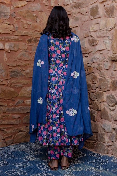 Shop_Gulabo Jaipur_Blue Cotton Sequins, Embroidery Round Neck Phool Bloom Print Anarkali Set _at_Aza_Fashions