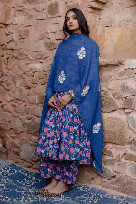 Buy_Gulabo Jaipur_Blue Cotton Sequins, Embroidery Round Neck Phool Bloom Print Anarkali Set _Online_at_Aza_Fashions