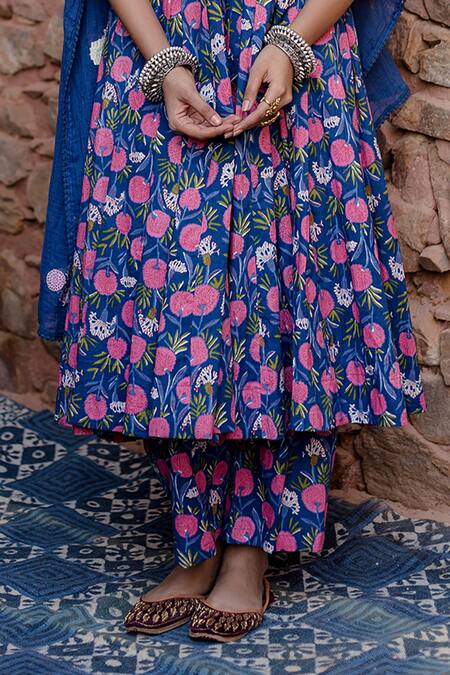 Shop_Gulabo Jaipur_Blue Cotton Sequins, Embroidery Round Neck Phool Bloom Print Anarkali Set _Online_at_Aza_Fashions