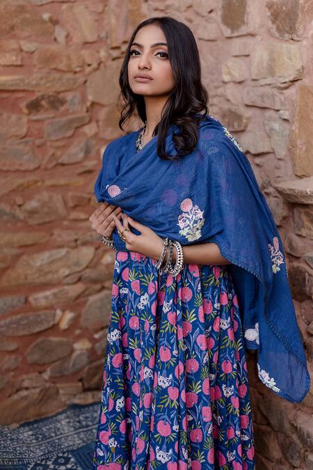 Gulabo Jaipur_Blue Cotton Sequins, Embroidery Round Neck Phool Bloom Print Anarkali Set _at_Aza_Fashions
