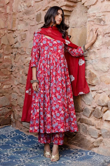 Gulabo Jaipur Red Cotton Print Phool Round Bahar Garden Anarkali Set