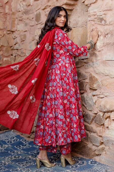 Buy Gulabo Jaipur Red Cotton Sequins Round Neck Bahar Garden Print Anarkali Set Online at Aza Fashions Buy_Gulabo Jaipur_Red Cotton Sequins Round Neck Bahar Garden Print Anarkali Set _Online_at_Aza_Fashions