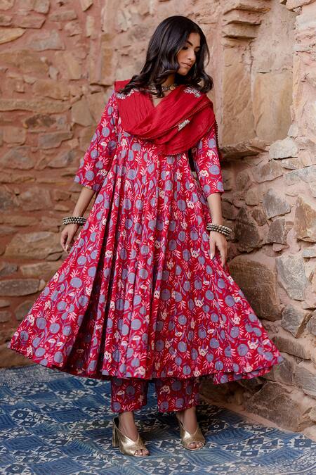 Shop Gulabo Jaipur Red Cotton Sequins Round Neck Bahar Garden Print Anarkali Set Online at Aza Fashions Shop_Gulabo Jaipur_Red Cotton Sequins Round Neck Bahar Garden Print Anarkali Set _Online_at_Aza_Fashions