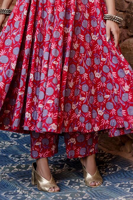 Gulabo Jaipur Red Cotton Sequins Round Neck Bahar Garden Print Anarkali Set at Aza Fashions Gulabo Jaipur_Red Cotton Sequins Round Neck Bahar Garden Print Anarkali Set _at_Aza_Fashions