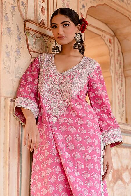 Buy_Gulabo Jaipur_Pink Cotton Zari V-neck Noor Zardozi Work Bahar Print Kurta With Pant _Online_at_Aza_Fashions