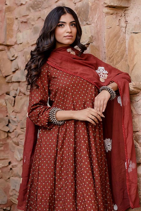 Gulabo Jaipur_Brown Cotton Sequins Square Neck Padma Phool Print Anarkali Set _at_Aza_Fashions