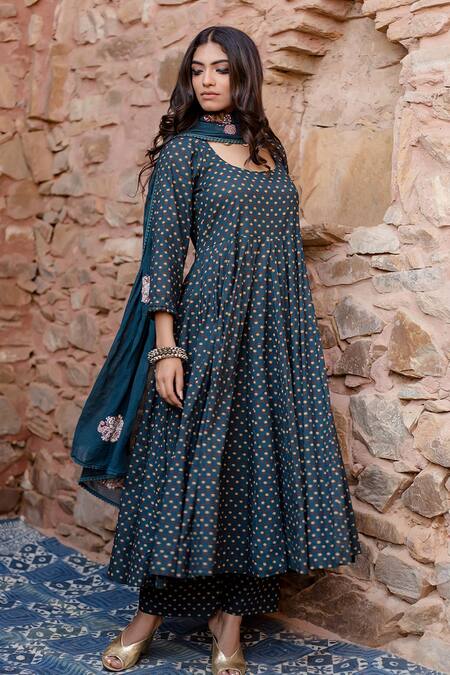 Gulabo Jaipur Blue Cotton Print Padma Phool Garden Semi Square Neck Bahar Anarkali Set 