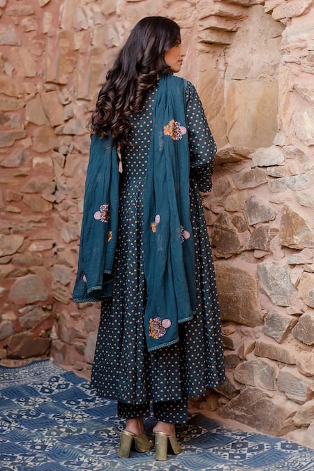 Shop Gulabo Jaipur Blue Cotton Embroidery, Sequins Square Neck Padma Phool Bahar Print Anarkali Set at Aza Fashions Shop_Gulabo Jaipur_Blue Cotton Embroidery, Sequins Square Neck Padma Phool Bahar Print Anarkali Set _at_Aza_Fashions