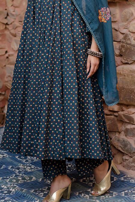 Shop Gulabo Jaipur Blue Cotton Embroidery, Sequins Square Neck Padma Phool Bahar Print Anarkali Set Online at Aza Fashions Shop_Gulabo Jaipur_Blue Cotton Embroidery, Sequins Square Neck Padma Phool Bahar Print Anarkali Set _Online_at_Aza_Fashions