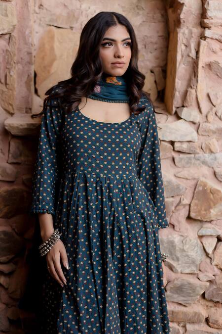 Gulabo Jaipur Blue Cotton Embroidery, Sequins Square Neck Padma Phool Bahar Print Anarkali Set at Aza Fashions Gulabo Jaipur_Blue Cotton Embroidery, Sequins Square Neck Padma Phool Bahar Print Anarkali Set _at_Aza_Fashions