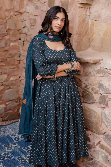 Buy Gulabo Jaipur Blue Cotton Embroidery, Sequins Square Neck Padma Phool Bahar Print Anarkali Set Buy_Gulabo Jaipur_Blue Cotton Embroidery, Sequins Square Neck Padma Phool Bahar Print Anarkali Set