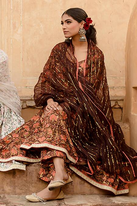 Gulabo Jaipur_Brown Cotton, Chiffon Embroidery, Prital Botanic Handblock Print Anarkali Set_Online_at_Aza_Fashions