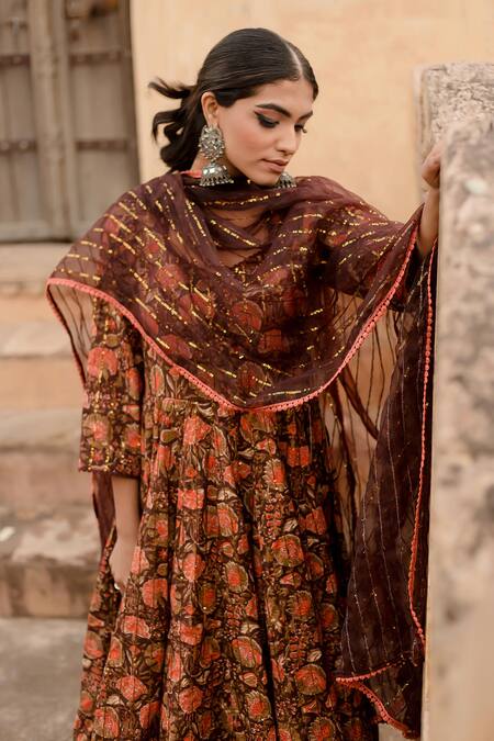 Shop_Gulabo Jaipur_Brown Cotton, Chiffon Embroidery, Prital Botanic Handblock Print Anarkali Set_Online_at_Aza_Fashions