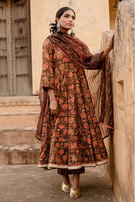 Gulabo Jaipur_Brown Cotton, Chiffon Embroidery, Prital Botanic Handblock Print Anarkali Set_at_Aza_Fashions