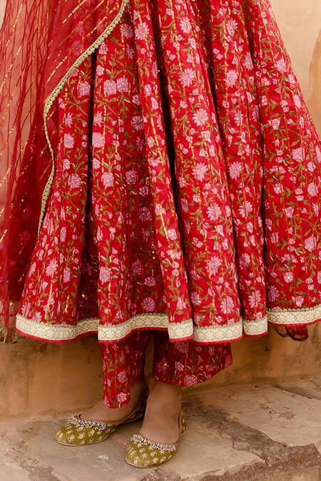 Buy_Gulabo Jaipur_Red Cotton Sequins Round Neck Prital Botanic Bloom Print Anarkali Set_Online_at_Aza_Fashions