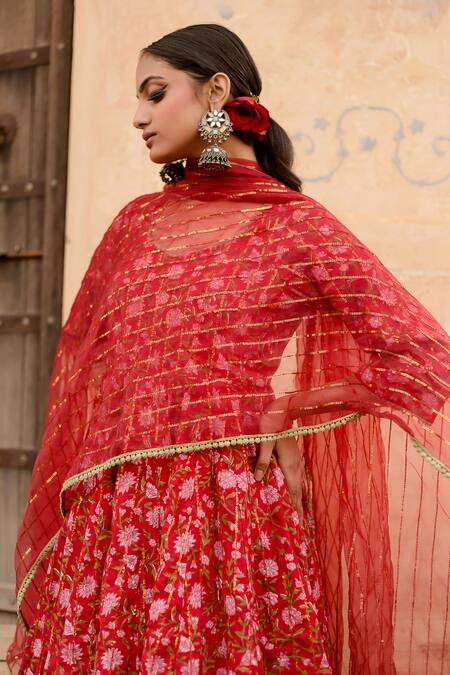 Shop_Gulabo Jaipur_Red Cotton Sequins Round Neck Prital Botanic Bloom Print Anarkali Set_Online_at_Aza_Fashions