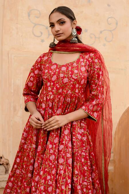 Gulabo Jaipur_Red Cotton Sequins Round Neck Prital Botanic Bloom Print Anarkali Set_at_Aza_Fashions