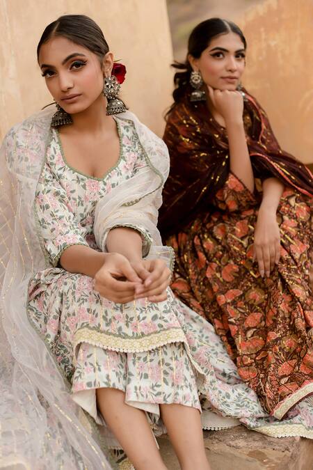 Gulabo Jaipur_White Cotton Embroidery, Sequins Round Neck Prital Lily Bloom Print Anarkali Set_Online_at_Aza_Fashions