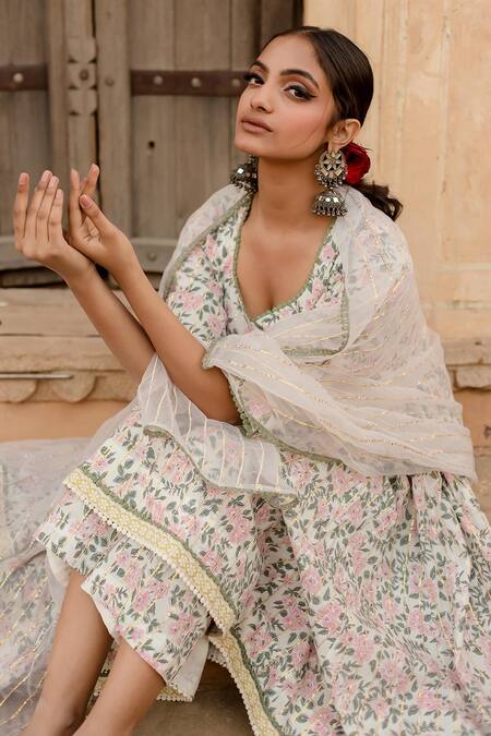 Buy_Gulabo Jaipur_White Cotton Embroidery, Sequins Round Neck Prital Lily Bloom Print Anarkali Set_Online_at_Aza_Fashions
