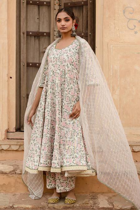 Shop_Gulabo Jaipur_White Cotton Embroidery, Sequins Round Neck Prital Lily Bloom Print Anarkali Set_Online_at_Aza_Fashions