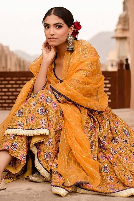 Gulabo Jaipur_Yellow Cotton Sequins, Embroidery Split Prital Wild Blossom Print Anarkali Set_Online_at_Aza_Fashions