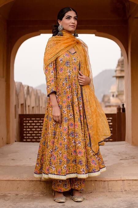 Buy_Gulabo Jaipur_Yellow Cotton Sequins, Embroidery Split Prital Wild Blossom Print Anarkali Set_Online_at_Aza_Fashions