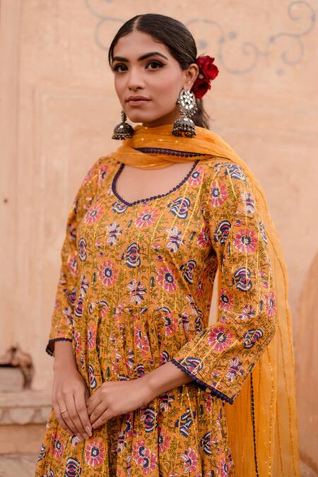 Shop_Gulabo Jaipur_Yellow Cotton Sequins, Embroidery Split Prital Wild Blossom Print Anarkali Set_Online_at_Aza_Fashions
