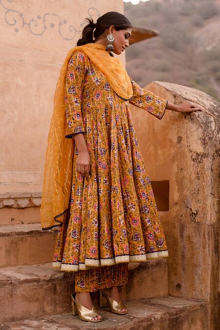 Gulabo Jaipur_Yellow Cotton Sequins, Embroidery Split Prital Wild Blossom Print Anarkali Set_at_Aza_Fashions