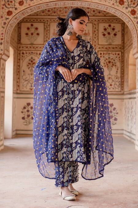 Gulabo Jaipur_Blue Cotton, Organza Embroidery, Sequins Aruna Peacock Motif Kurta Pant Set_Online_at_Aza_Fashions