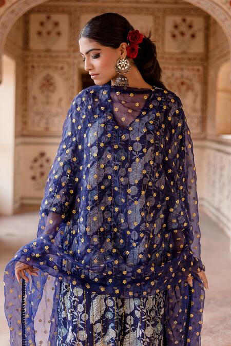 Buy_Gulabo Jaipur_Blue Cotton, Organza Embroidery, Sequins Aruna Peacock Motif Kurta Pant Set_Online_at_Aza_Fashions