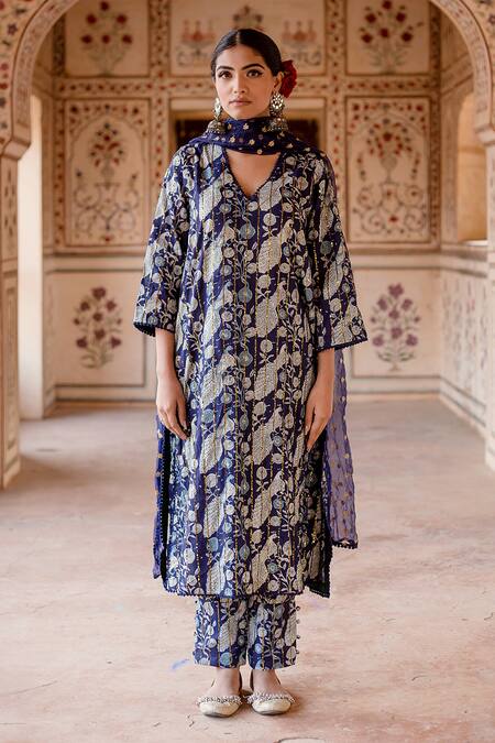 Shop_Gulabo Jaipur_Blue Cotton, Organza Embroidery, Sequins Aruna Peacock Motif Kurta Pant Set_Online_at_Aza_Fashions