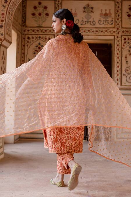 Shop Gulabo Jaipur Peach Cotton, Chiffon Embroidery, Sequins Aruna Peacock Motif Kurta Pant Set at Aza Fashions Shop_Gulabo Jaipur_Peach Cotton, Chiffon Embroidery, Sequins Aruna Peacock Motif Kurta Pant Set_at_Aza_Fashions