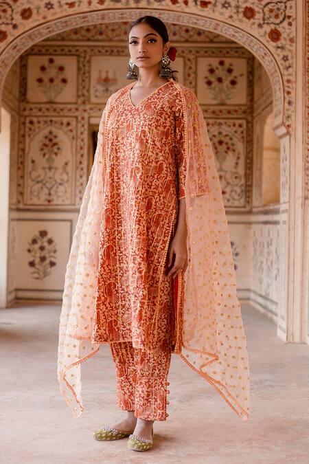 Gulabo Jaipur Peach Cotton, Chiffon Embroidery, Sequins Aruna Peacock Motif Kurta Pant Set Online at Aza Fashions Gulabo Jaipur_Peach Cotton, Chiffon Embroidery, Sequins Aruna Peacock Motif Kurta Pant Set_Online_at_Aza_Fashions