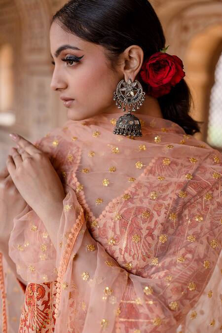 Gulabo Jaipur Peach Cotton, Chiffon Embroidery, Sequins Aruna Peacock Motif Kurta Pant Set at Aza Fashions Gulabo Jaipur_Peach Cotton, Chiffon Embroidery, Sequins Aruna Peacock Motif Kurta Pant Set_at_Aza_Fashions