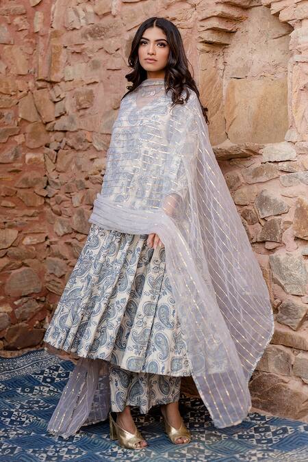 Gulabo Jaipur White Cotton, Chiffon Embroidery, Sequins Bisa Paisley Print Anarkali Pant Set Online at Aza Fashions Gulabo Jaipur_White Cotton, Chiffon Embroidery, Sequins Bisa Paisley Print Anarkali Pant Set_Online_at_Aza_Fashions