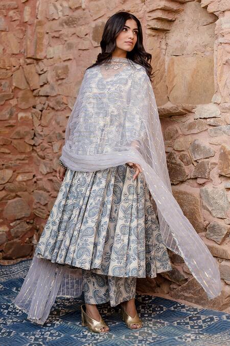 Buy Gulabo Jaipur White Cotton, Chiffon Embroidery, Sequins Bisa Paisley Print Anarkali Pant Set Online at Aza Fashions Buy_Gulabo Jaipur_White Cotton, Chiffon Embroidery, Sequins Bisa Paisley Print Anarkali Pant Set_Online_at_Aza_Fashions