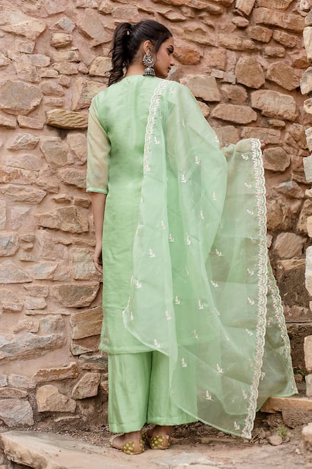 Shop Gulabo Jaipur Green Cotton, Chanderi Embroidery Split Charul Floral Thread Kurta Pant Set at Aza Fashions Shop_Gulabo Jaipur_Green Cotton, Chanderi Embroidery Split Charul Floral Thread Kurta Pant Set _at_Aza_Fashions