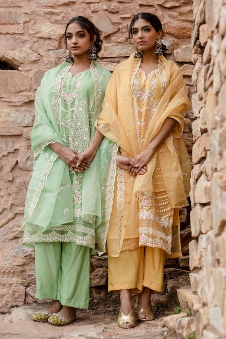 Buy Gulabo Jaipur Green Cotton, Chanderi Embroidery Split Charul Floral Thread Kurta Pant Set Online at Aza Fashions Buy_Gulabo Jaipur_Green Cotton, Chanderi Embroidery Split Charul Floral Thread Kurta Pant Set _Online_at_Aza_Fashions