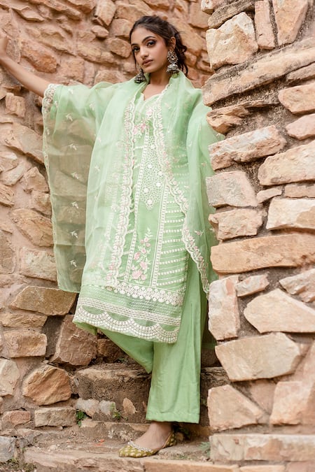 Shop Gulabo Jaipur Green Cotton, Chanderi Embroidery Split Charul Floral Thread Kurta Pant Set Online at Aza Fashions Shop_Gulabo Jaipur_Green Cotton, Chanderi Embroidery Split Charul Floral Thread Kurta Pant Set _Online_at_Aza_Fashions