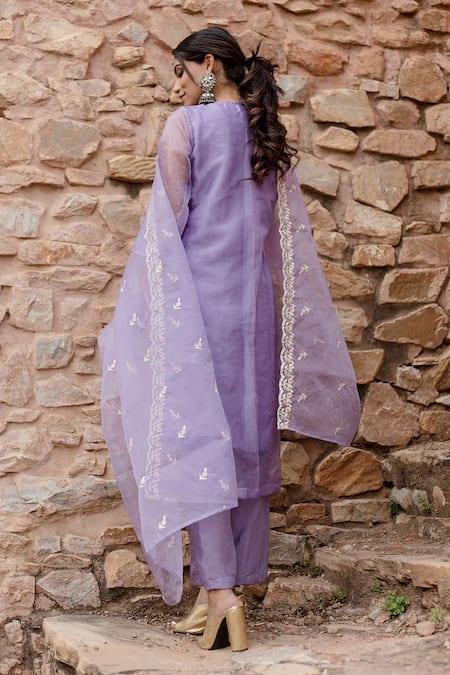 Shop Gulabo Jaipur Purple Chanderi, Cotton Embroidery Split Charul Floral Work Kurta Pant Set at Aza Fashions Shop_Gulabo Jaipur_Purple Chanderi, Cotton Embroidery Split Charul Floral Work Kurta Pant Set _at_Aza_Fashions